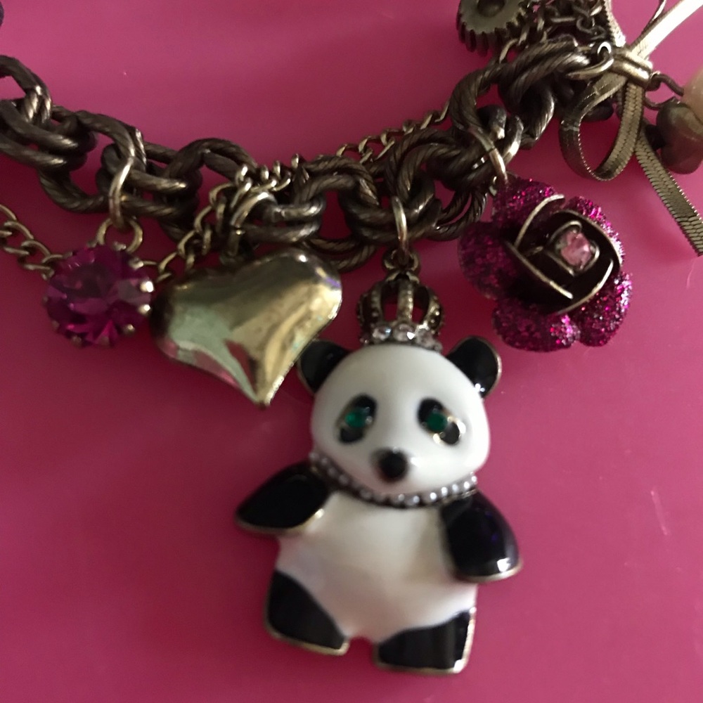 Panda bear rose charm zoo heart crystal bracelet Betsey Johnson vintage B29